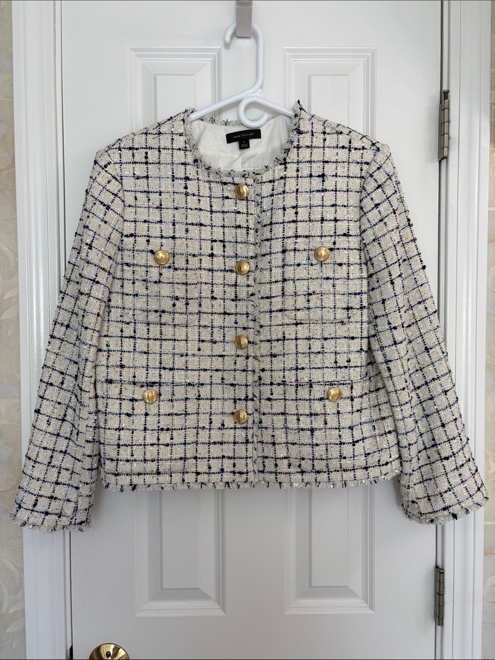 Ann Taylor Ivory Tweed Button-Front Short Silhouette Jacket with Gold Buttons